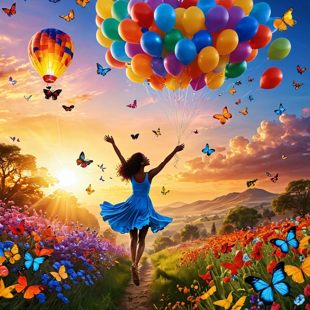 A radiant sunrise illuminating a vibrant landscape filled with blooming flowers and fluttering butterflies. Add a joyful figure dancing in the foreground, surrounded by colorful balloons soaring in the sky. The atmosphere should exude warmth and happiness, evoking a sense of rejuvenation and positivity. super-realistic. vibrant colors. 3D.