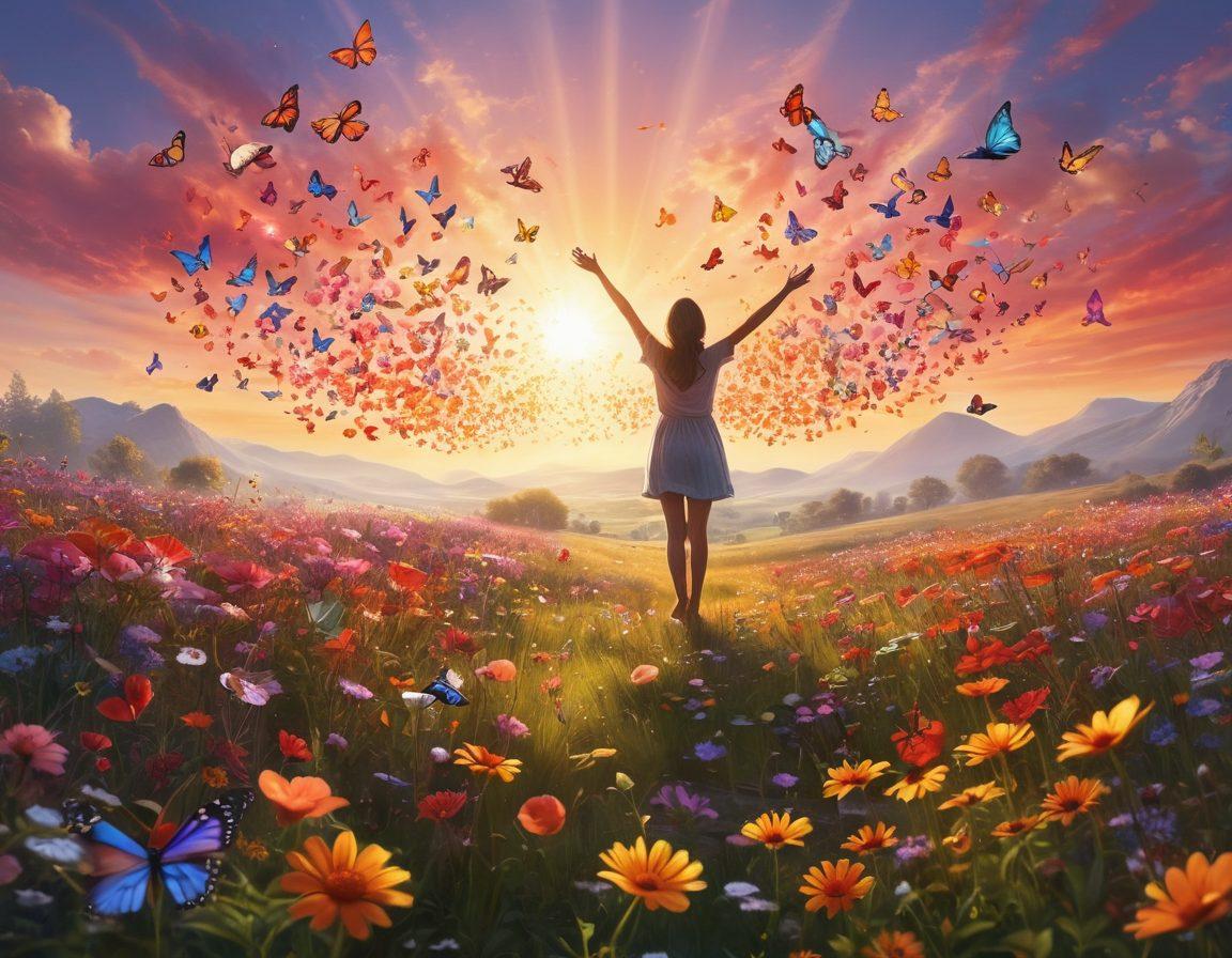 A serene landscape featuring a vibrant sunrise over a blooming meadow filled with colorful flowers, symbolizing joy and positivity. A person with arms outstretched, absorbing the warmth of the sun, surrounded by whimsical butterflies and glowing orbs of light that represent secrets to happiness. Soft, calming colors create a dreamy atmosphere that invites viewers to embrace euphoria. super-realistic. vibrant colors.